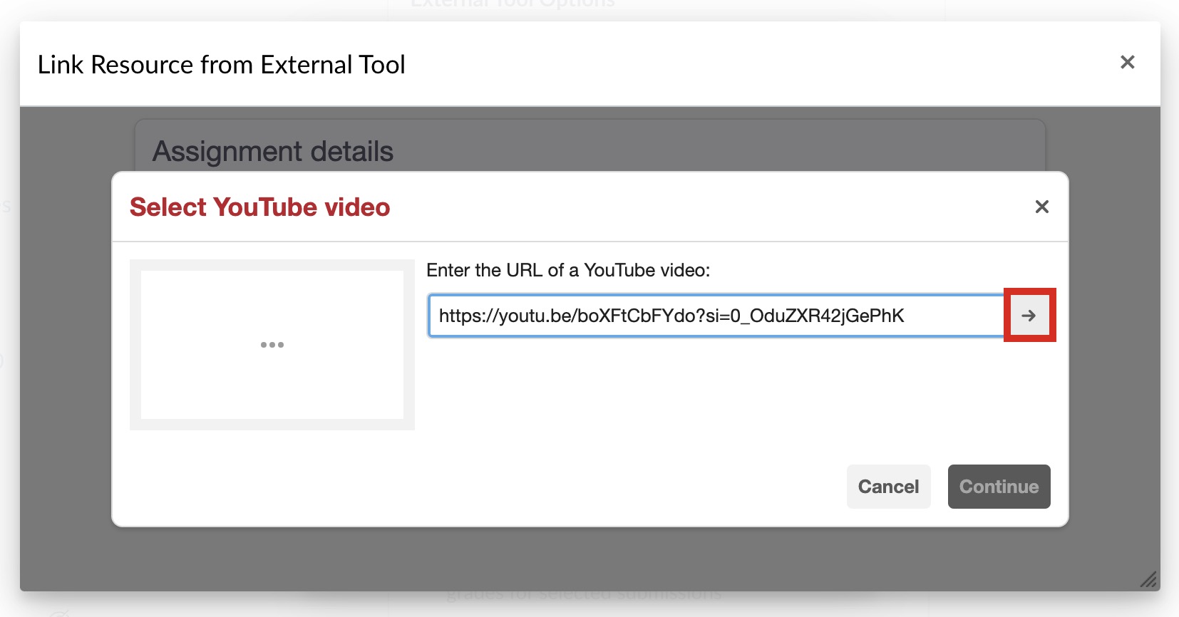 Screenshot from Hypothesis showing Select YouTube video dialogue box where the URL of a YouTube video is entered.