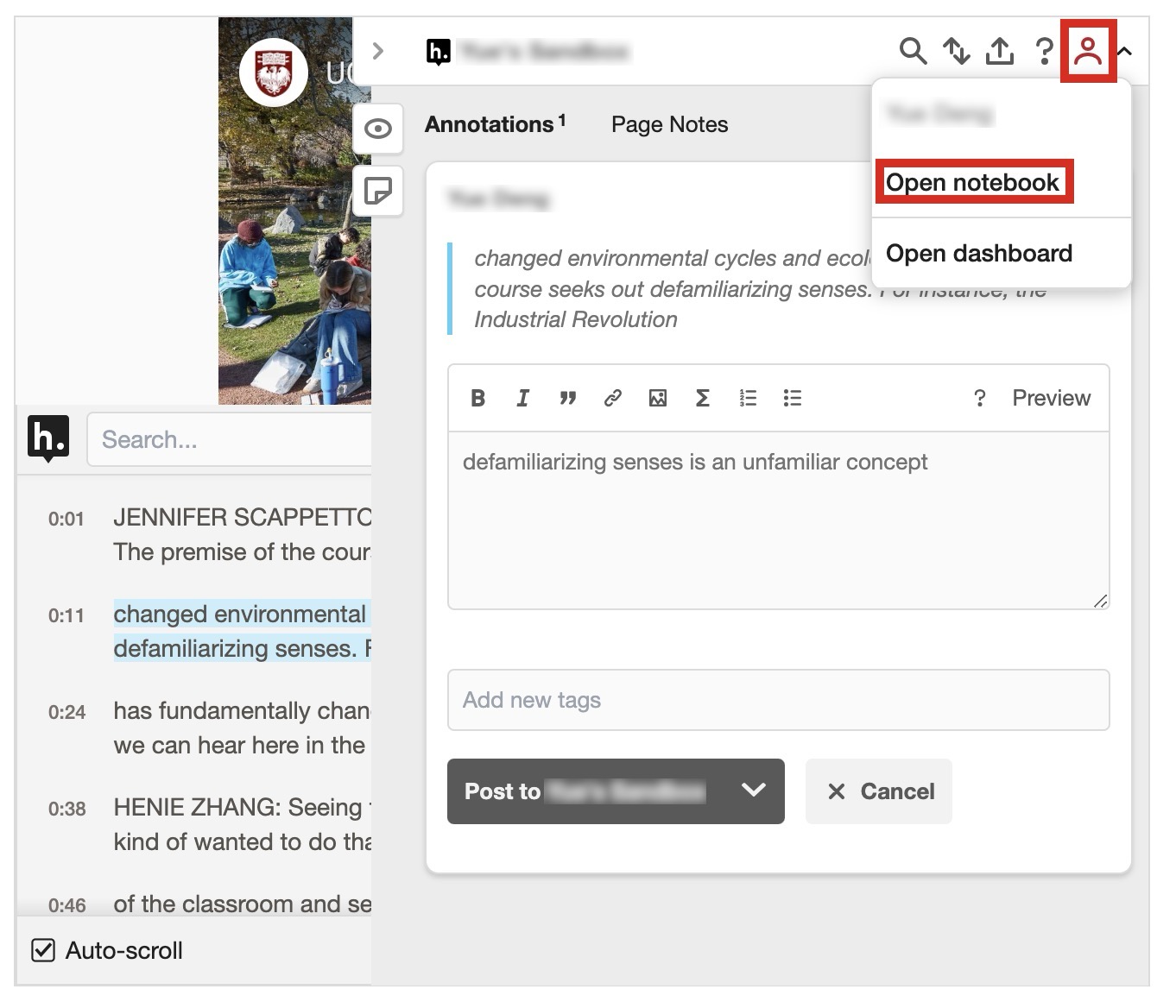 Hypothesis interface showing annotations interface with a link for Open notebook highlighted