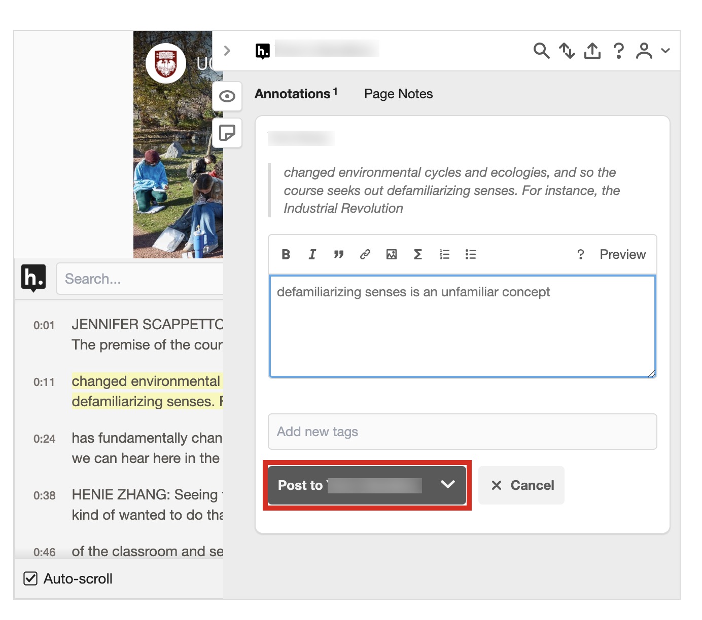 Screenshot of Hypothesis interface showing the annotations panel
