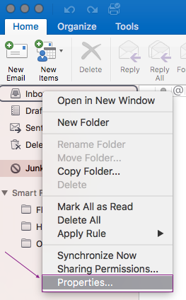 Inbox alternate menu with properties highlighted