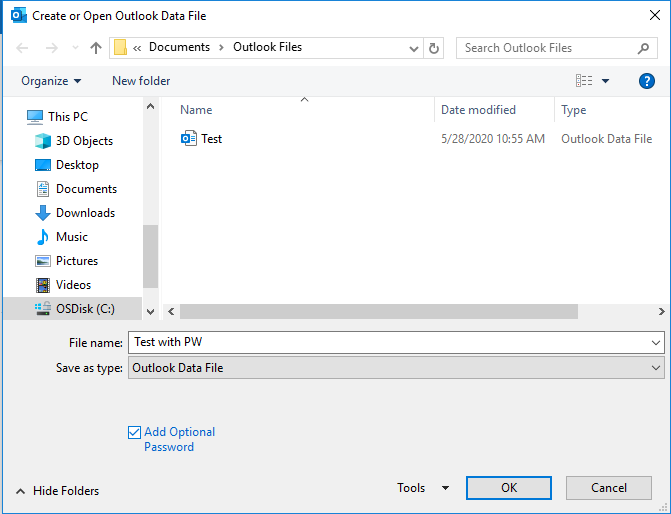 Create or Open Outlook Data File window with Add optional Password checkbox checked