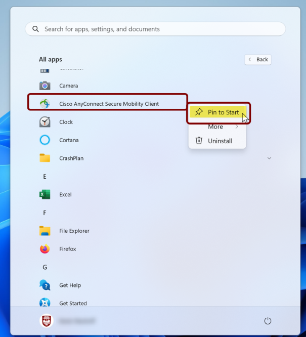 Pin apps to the start menu