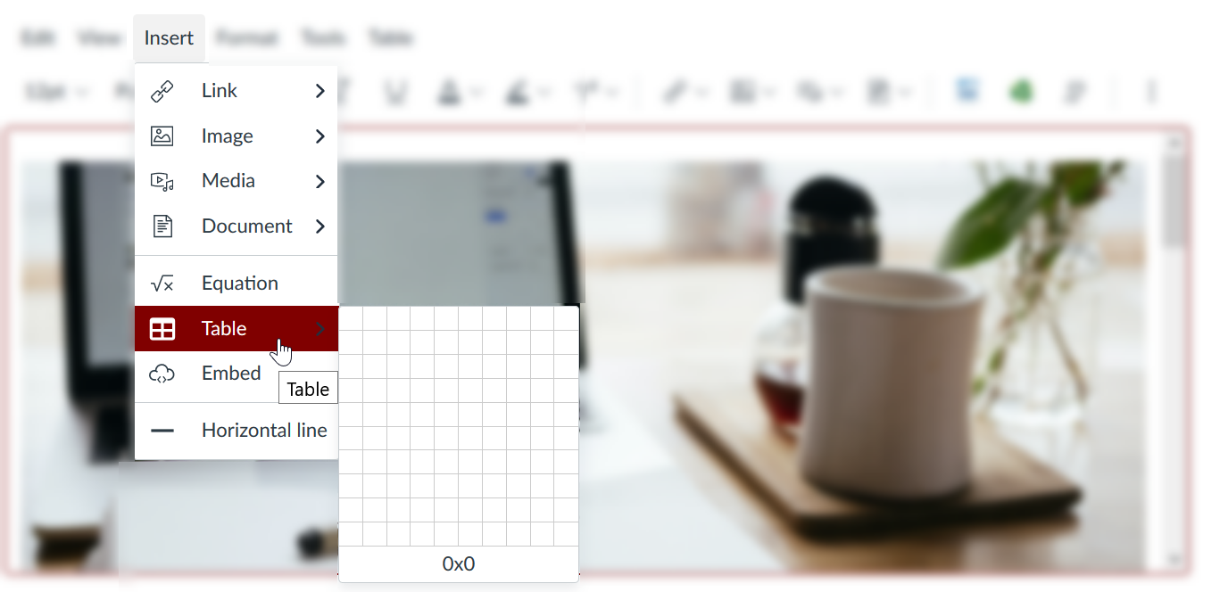 To add a table, click Insert, then select Table