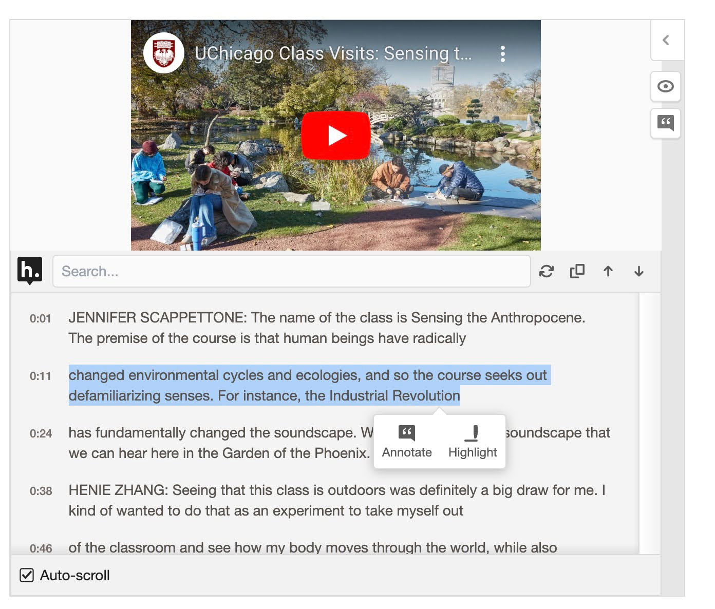 Screenshot showing Hypothesis interface with text from a YouTube video's captions selected. 
