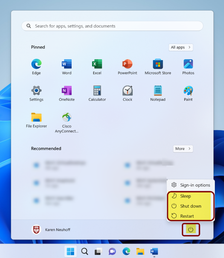 Options to turn off your computer