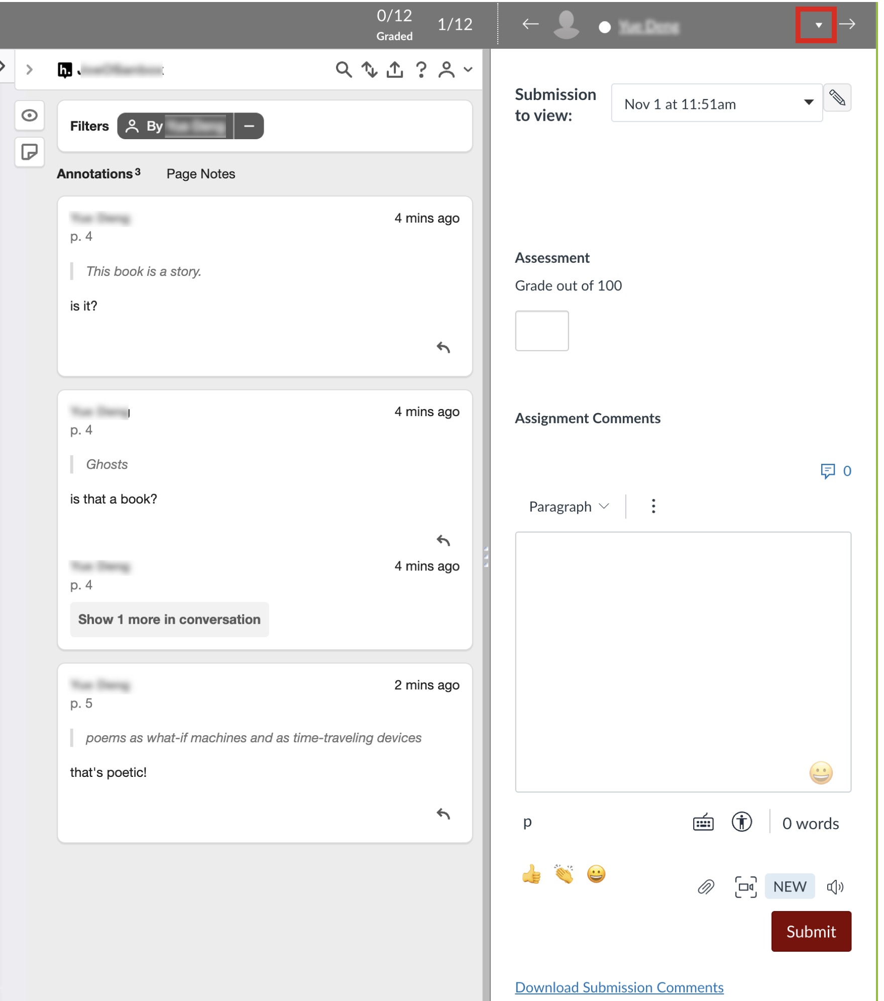 Screenshot of Canvas SpeedGrader showing selected student's annotations