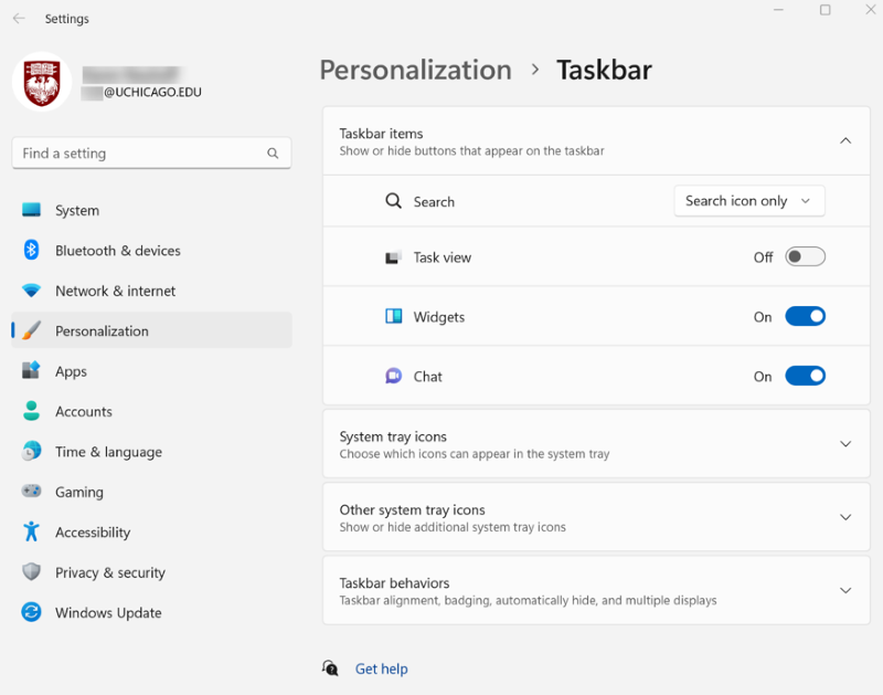 Settings to personalize the taskbar