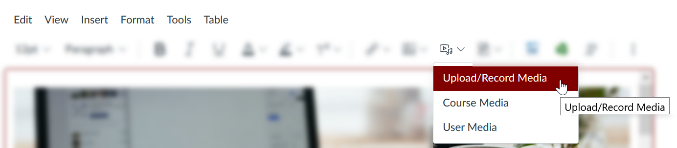 To use Canvas' native media tool, click on the Media icon then select Upload/Record Media