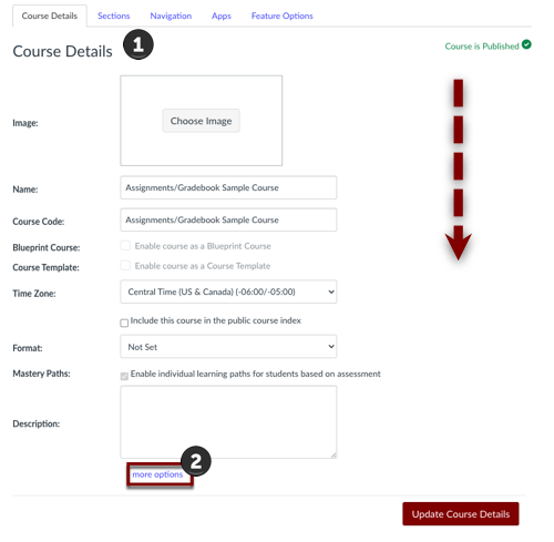 Select more options under Course Details