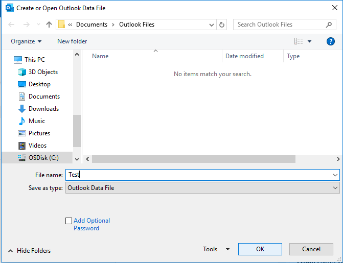Create or Open Outlook Data File dialog box