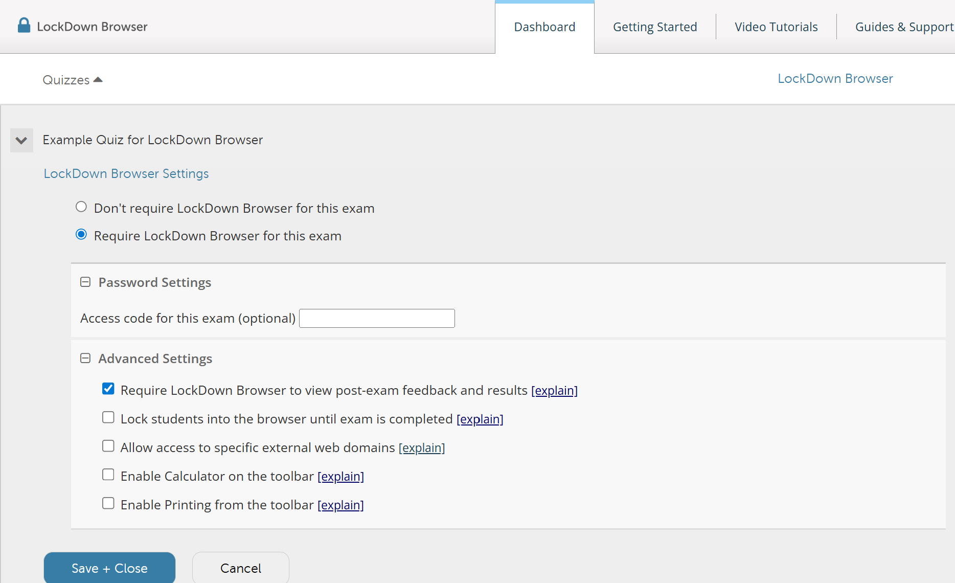 LockDown Browser dashboard with options for advanced settings shown