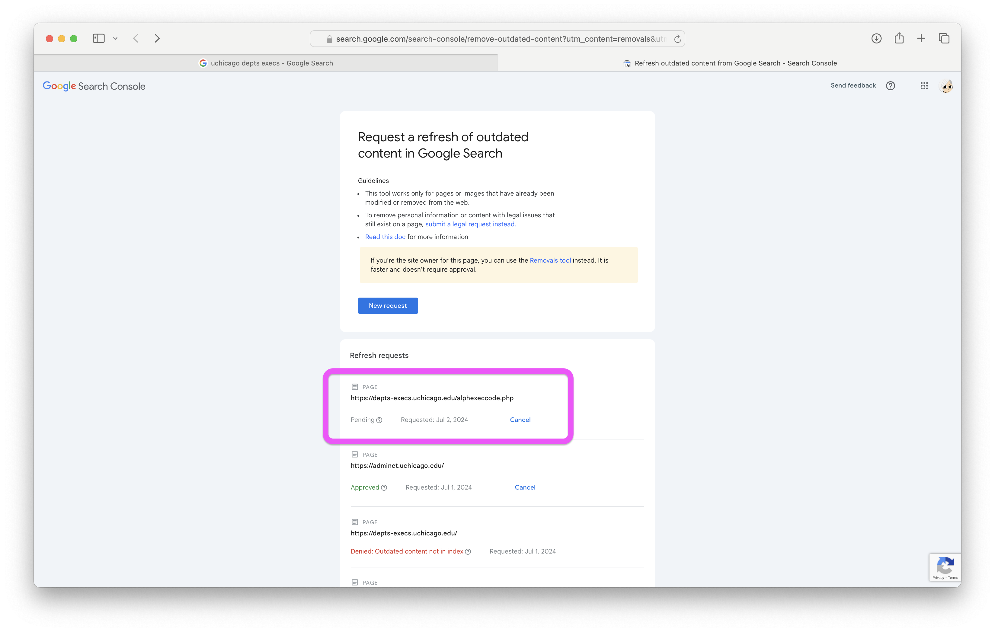 The web page has a list of refresh requests, with status pending, approved, denied.
