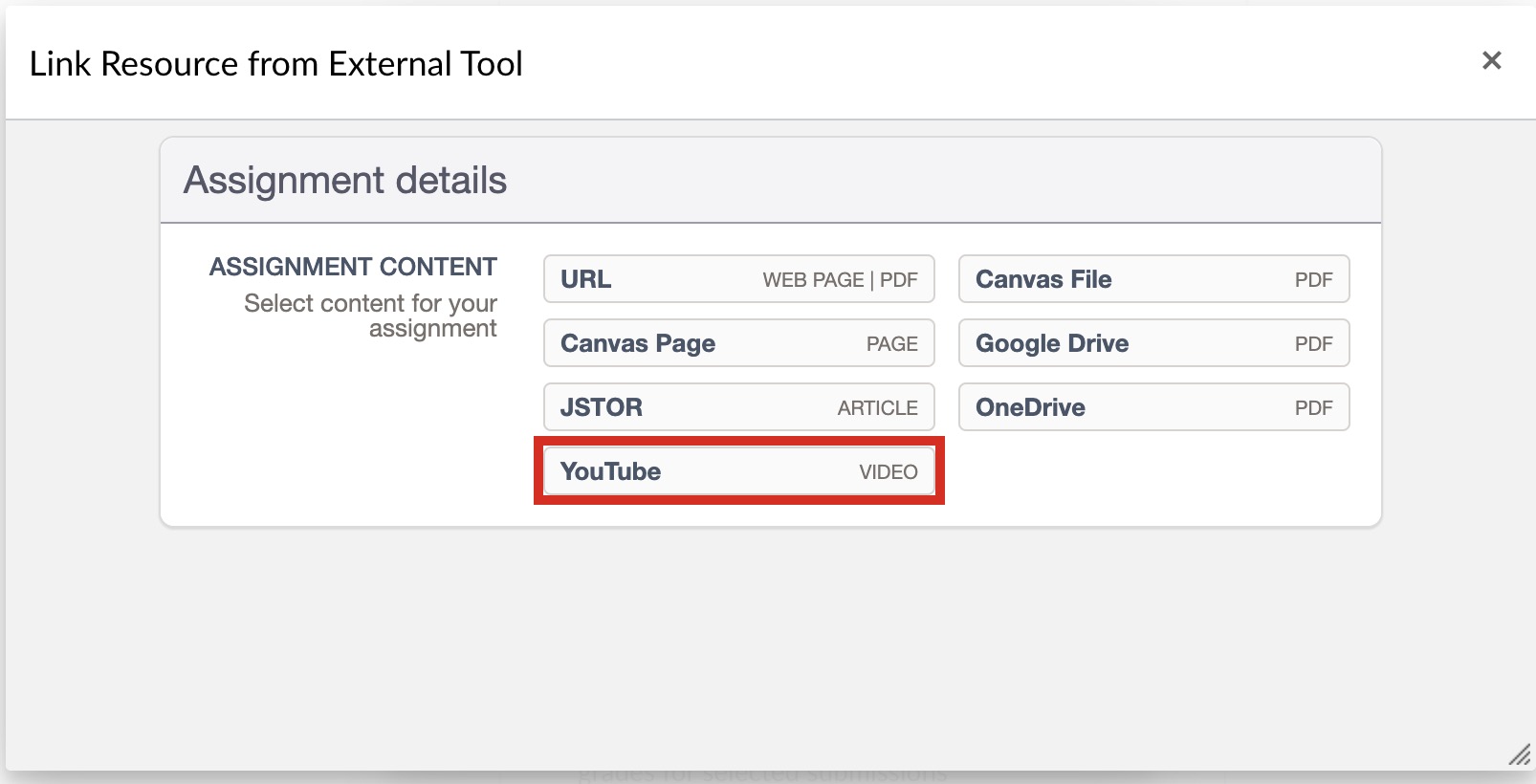 A screenshot of Link Resource from External Tool dialog box from Hypothesis. The option for YouTube is outlined in a redbox.