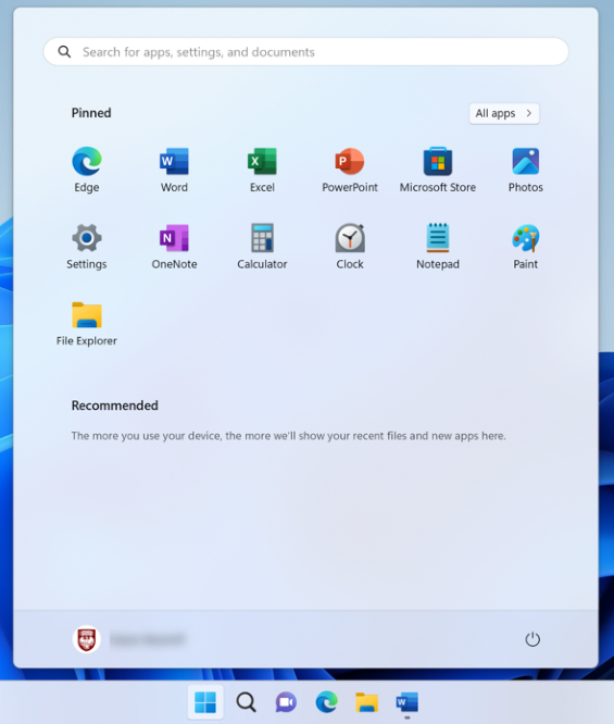 Pinned and recommended apps in the start menu
