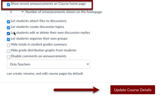 Select Show recent announcements... and specify the number of announcements to display.