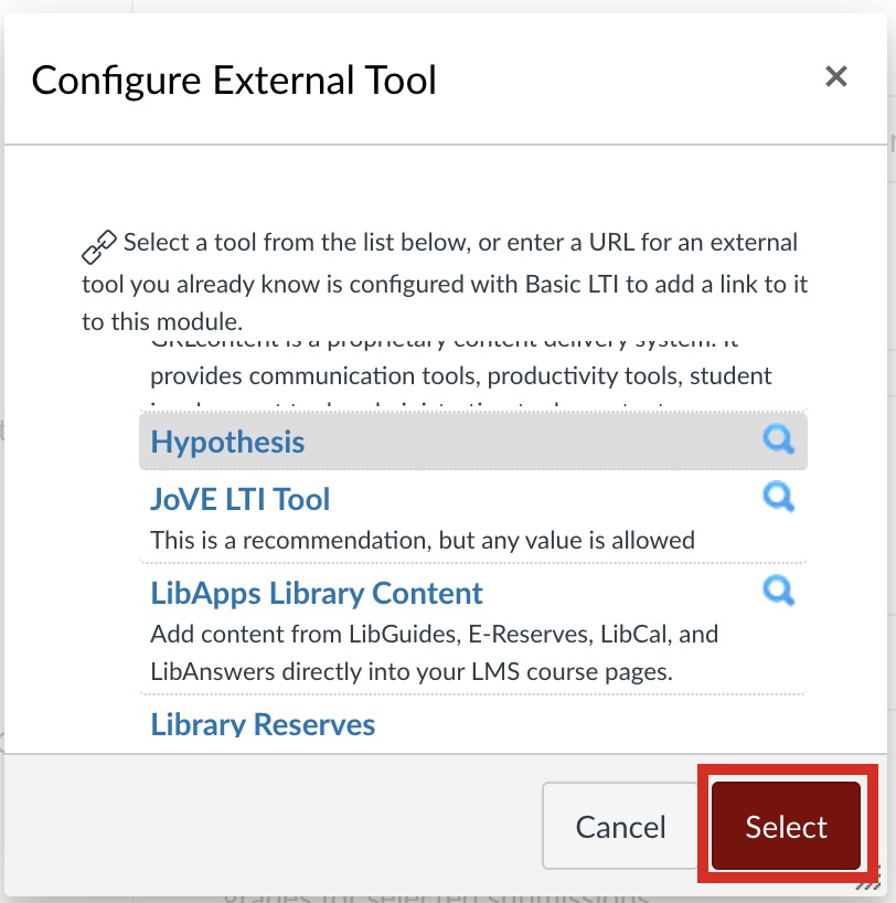 View of Configure External Tool window. Select Hypothesis to add as Canvas assignment 
