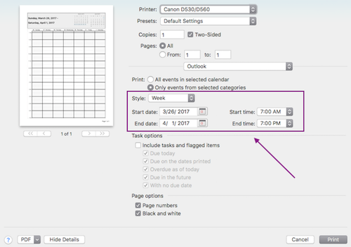 File Print Settings on Outlook 2016 for Mac