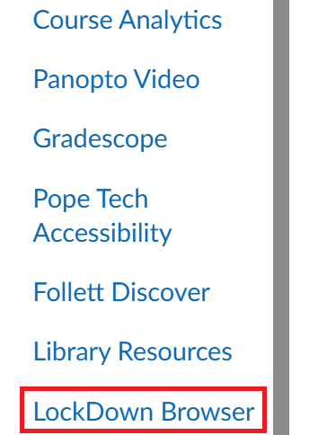 Canvas course menu with LockDown Browser option indicated